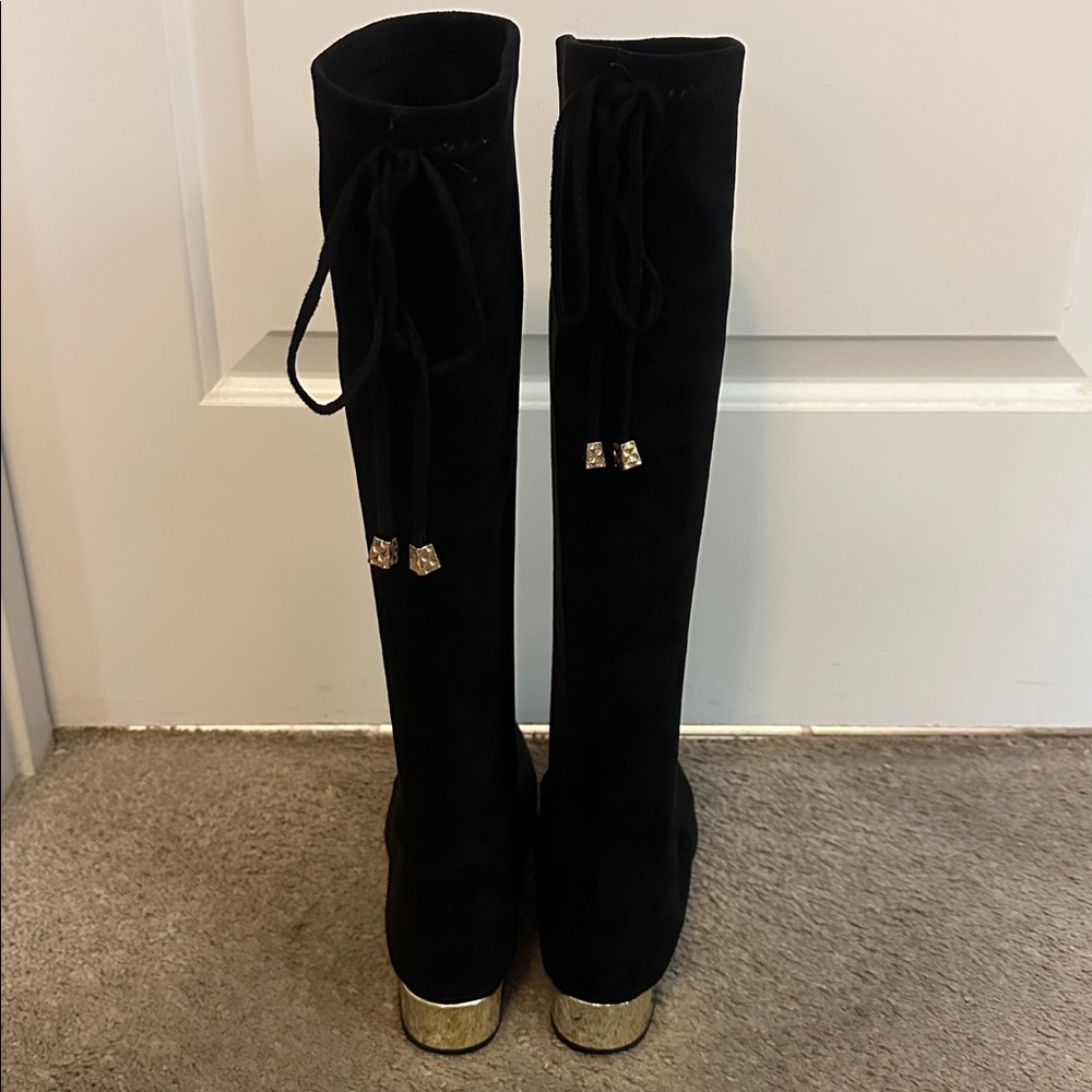 C. Paravano knee high black suede boots with gold heal. - Picture 3 of 7